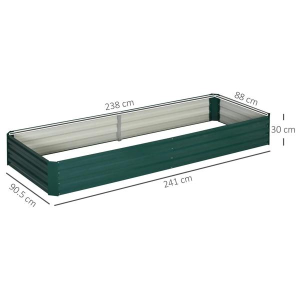 Green metal raised garden bed planter box with size diagram in cm