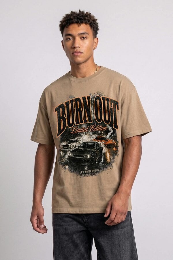 London Attitude Burn Out Limited Edition Oversized Heavyweight Graphic T-Shirt - Sand