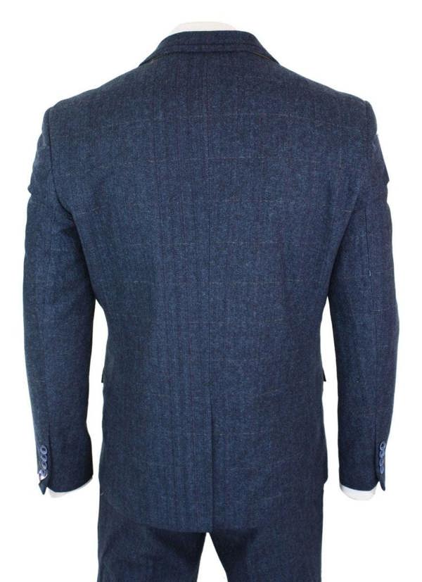 House of Cavani Mens 3 Piece Navy Blue Tweed Herringbone Vintage Classic Suit