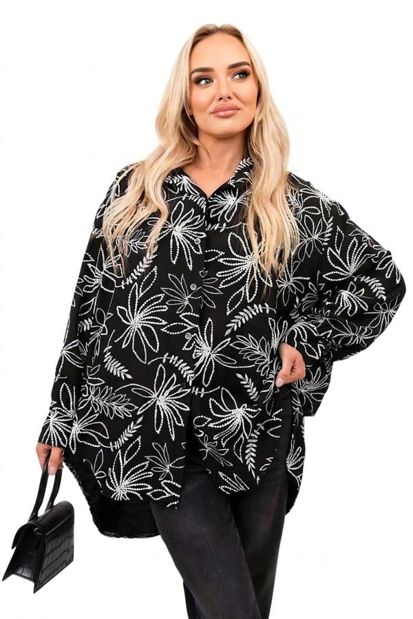 Erin Floral Print Oversized Long Sleeve Button Down Top - Black_wb