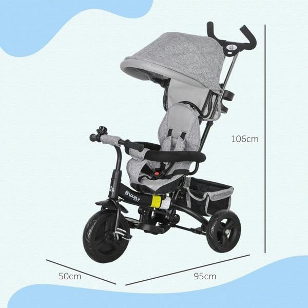 Grey kids push trike with adjustable canopy and padded safety seat