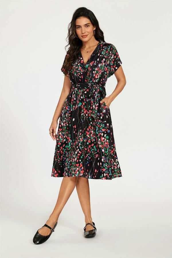 FS Collection Black Floral Shirt Midi Dress with Tie Waist and Short Sleeves