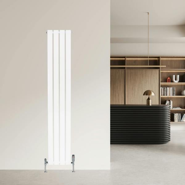 Flat single column radiator in sleek white finish, 1600 x 280mm, featuring a modern design against a minimalist interior backdrop