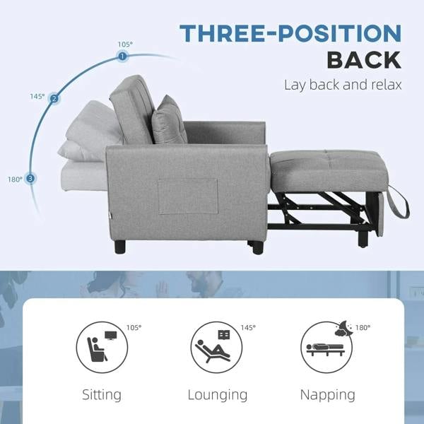 Light grey single chair bed shown in reclined sleeping layout with backrest positions
