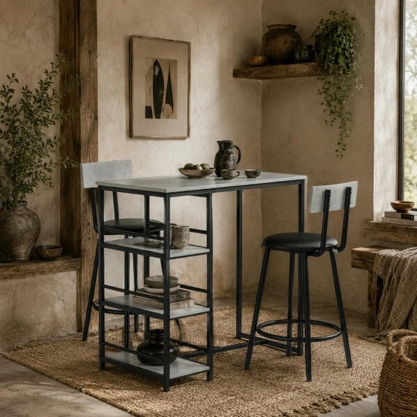 Wyld Haus Raco Sera Wooden Grey And Black 3 Piece Kitchen Dining Set With Integrated Shelving