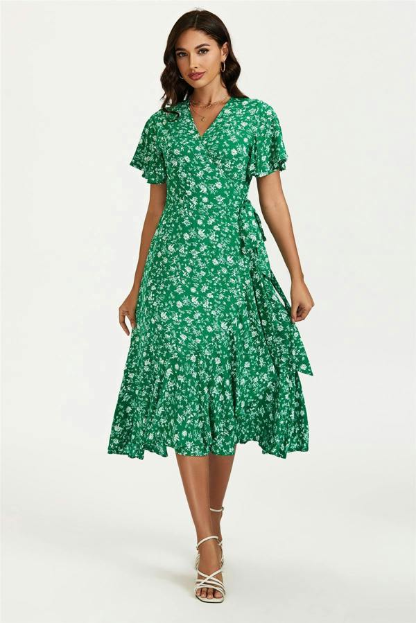 FS Collection Floral Print Midi Wrap Dress In Green