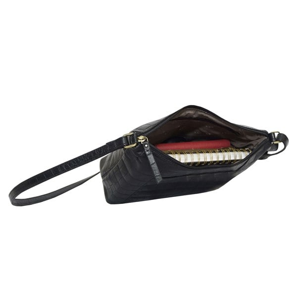 Assots London 'CAROL' Black Croc Real Leather Designer Crossbody Shoulder Bag