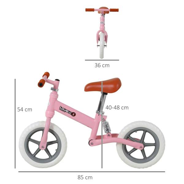 Pink kids balance bike with EVA tires and adjustable seat, shown with size measurements