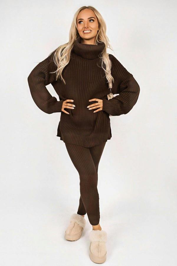 ikrush Mila Chunky Knitted High Roll Neck Top Bottom Co-ord Set