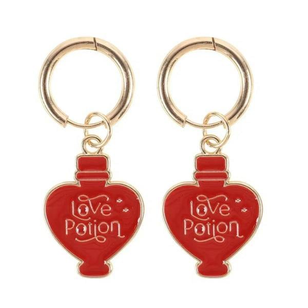 Gold-tone ring earrings with red heart potion enamel charms