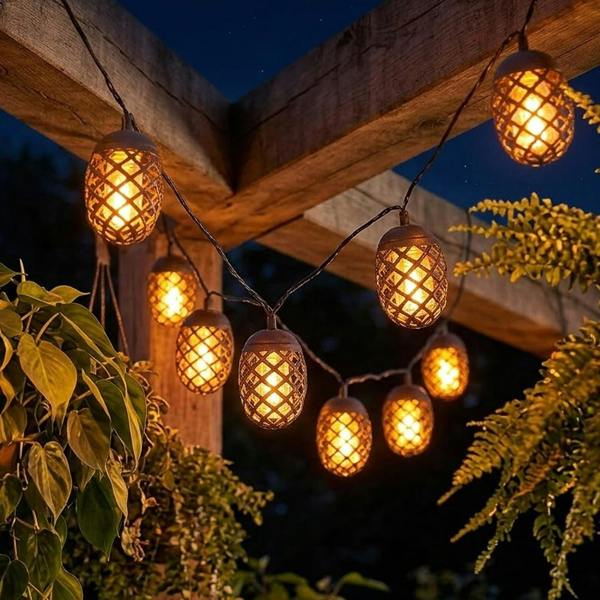 Set of 10 Solar Outdoor Flame Effect LED Hanging Lanterns for Patio & Shrub Decor