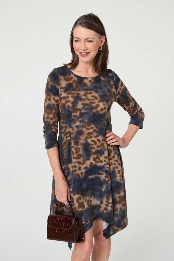 Blue | Animal Print Hanky Hem Knee Length Dress
