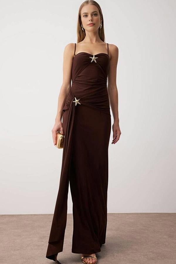 WOVCOR Accessory Detailed Knitted Maxi Evening Dress