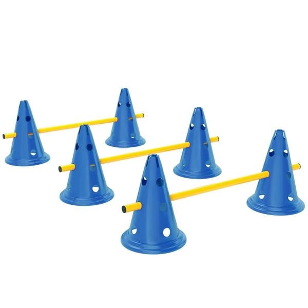 Blue dog agility training cone set with yellow poles, six cones and adjustable crossbars