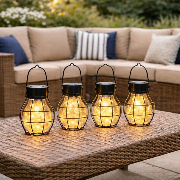 Gardenwize Pack of 4 Timeless Caged Mini Solar Lanterns Vintage Hanging LED Lights