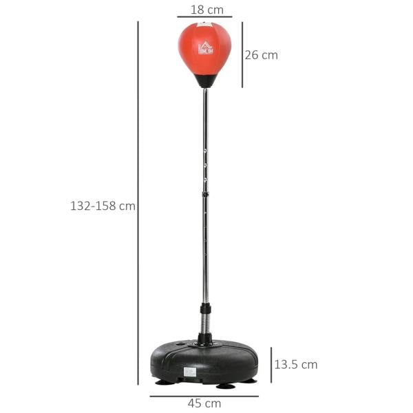 Adjustable punching bag stand with red inflatable ball and black base with size diagram
