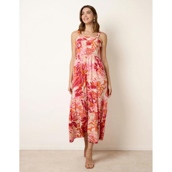 Blue Vanilla Tropical Print Adjustable Strap Maxi Dress