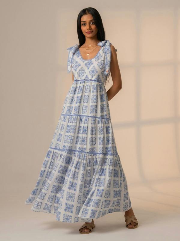 Rose & Nancy Maisy Blue White Printed Lace Trim Maxi Sun Dress&nbsp;