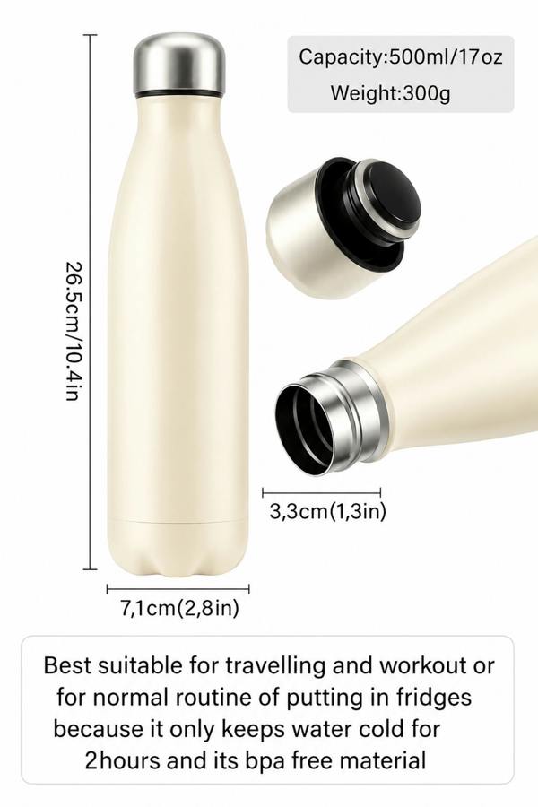 Dyzi 500ml Stainless Steel Water Bottle Leak Proof Cream
