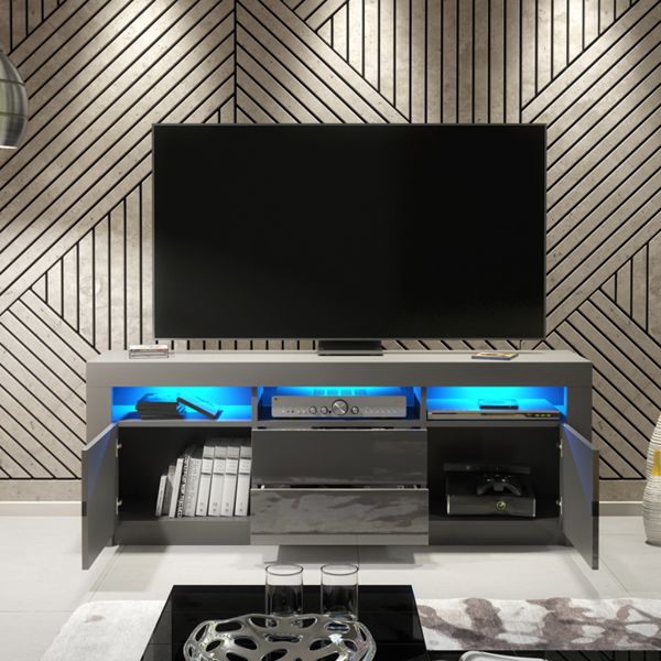 Mex Furniture Spacious 160cm TV Unit & Cabinet with Grey High Gloss Doors