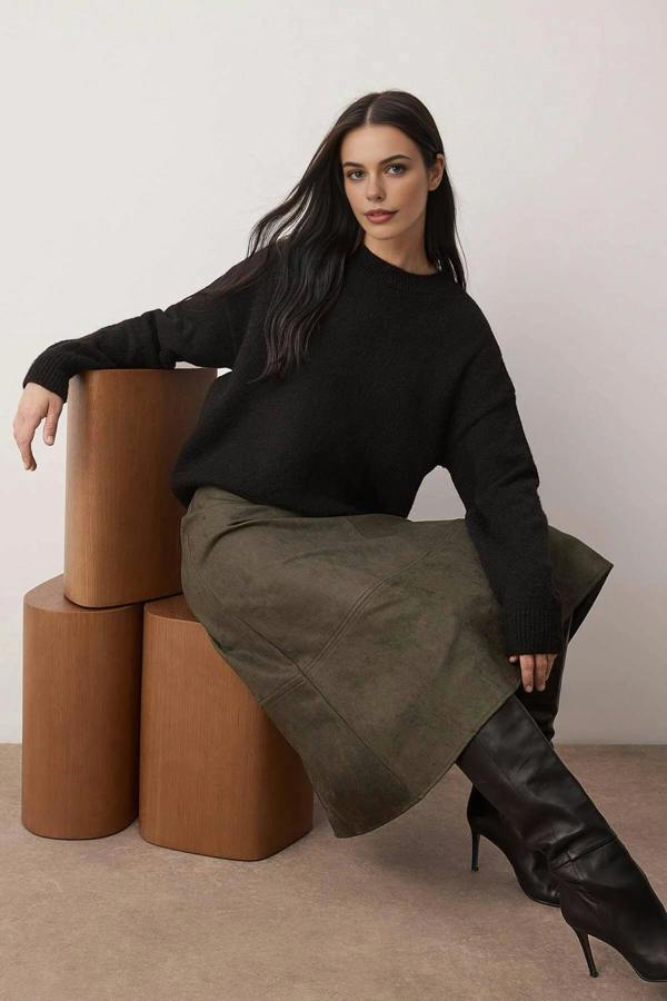 WOVCOR A-Line Midi Knit Suede Skirt