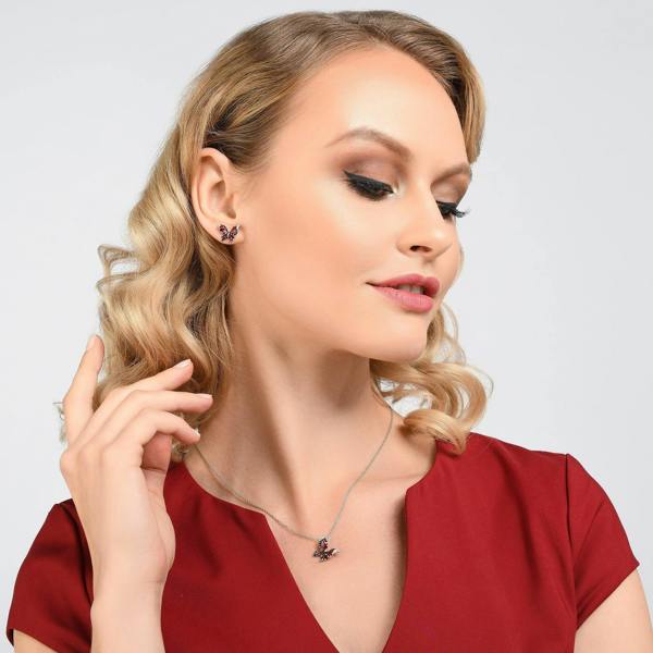 Sterling Silver Burgundy Enamel Butterfly Pendant Necklace for Women - namana.london