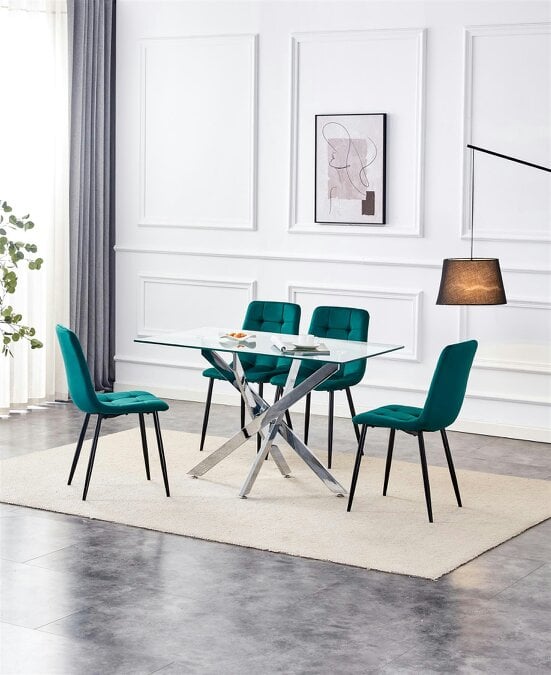Kosy Koala Dining Table and 4 Chairs Rectangle Glass Table 4 Green Velvet Chairs Dining Set