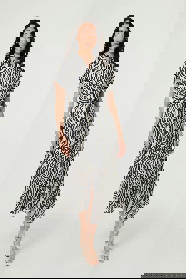 Black | Zebra Print Tie Waist Midi Shirt Dress
