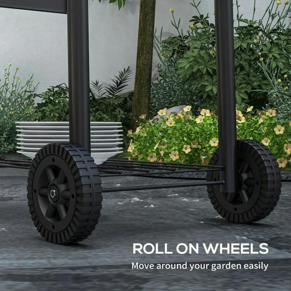 Black BBQ grill with rolling wheels and four legs