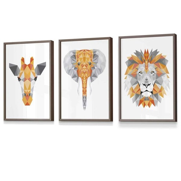 Artze Wall Art Framed Geometric set of 3 ORANGE Giraffe Lion Elephant