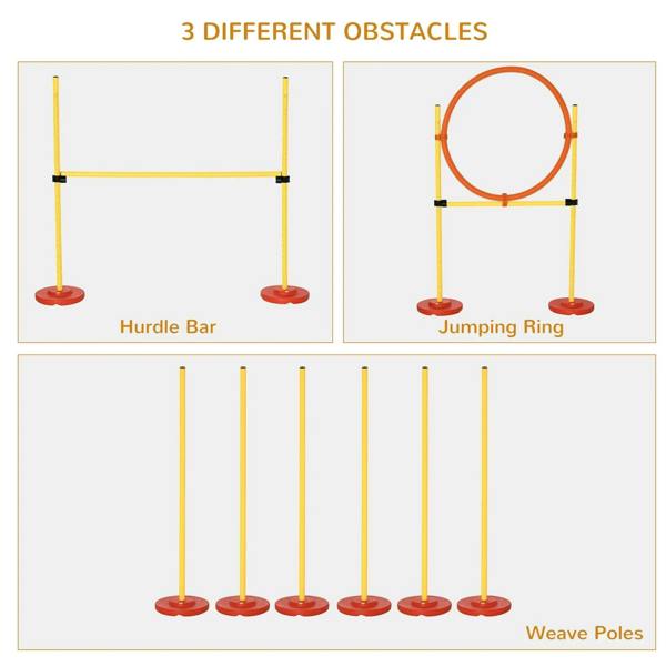 Set of yellow weave poles, hurdle bar, and jumping ring obstacles with red bases