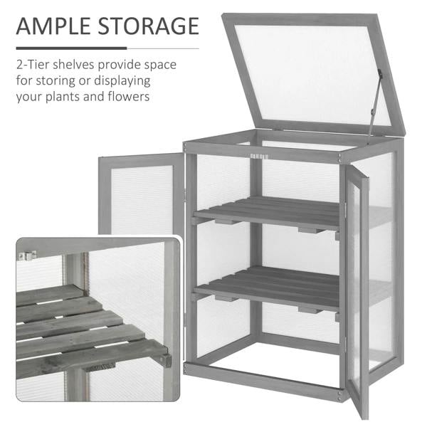 2-tier shelf greenhouse cold frame with open top lid and transparent side doors, dark grey