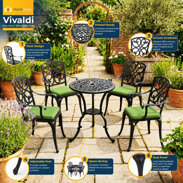 Homeology VIVALDI Black 5-Piece Cast Aluminium Garden Bistro Set - with Green Cushions
