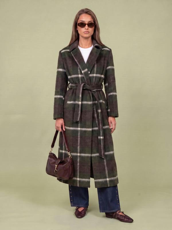 Urban Bliss Belted Check Coat Green Pattern