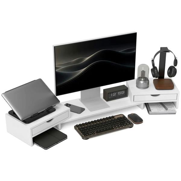 White dual monitor stand riser with two drawers for laptops and computers