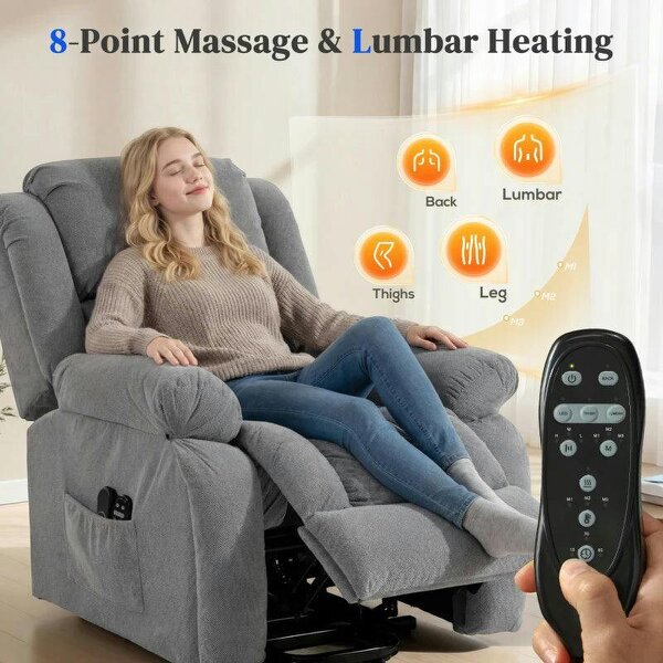 Recliner Armchair Lift Chair, Electric Recliner Chair with Vibration Massage and Heat, Wide Seat, USB Port, Light Grey