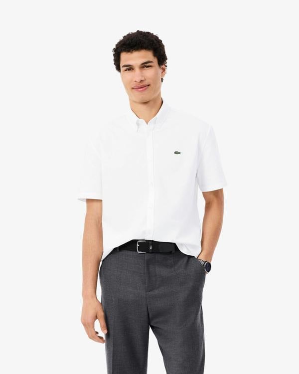 Lacoste Regular Fit Mens Oxford Shirt - White/White 800 | CHO | Designer Mens Short Sleeve Shirts