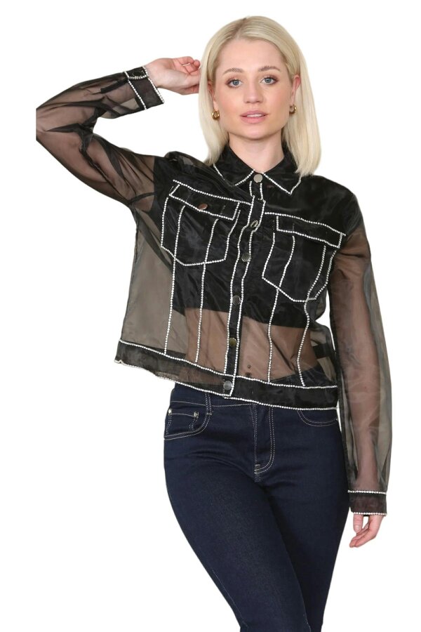 Elaina Fashion Women's Black Button Down Collar Sheer Blouse Shirt, Rhinestone Embellished Long Sleeves Elegant Vintage Fashion Party Club Summer