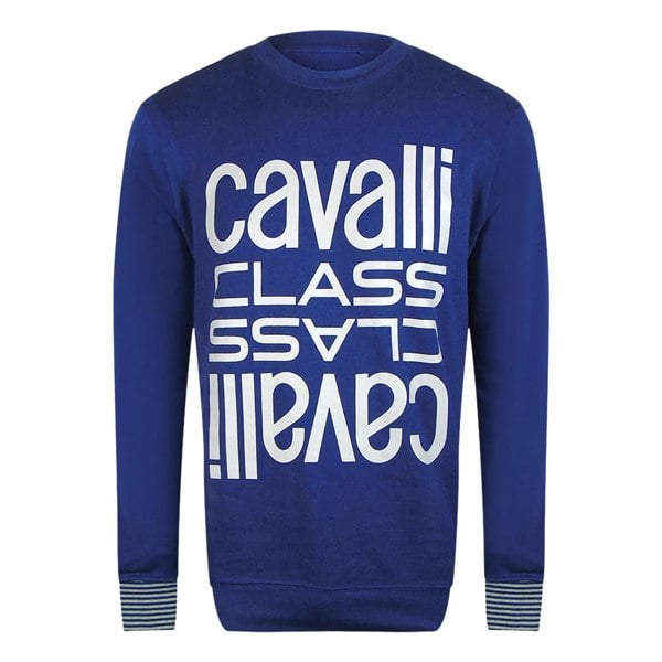 Cavalli Class Bold Multi Logo Iris Blue Round Neck Sweatshirt