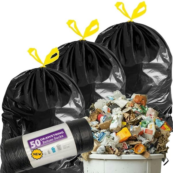 Drawstring Refuse Bags 120L Bin Liners Easy Tie Top Handle For Dustbin Home, Kitchen, Office & Garden