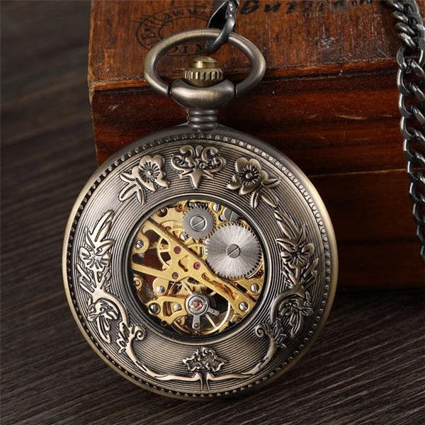 Infinity Leather Antique Gold Wooden Half-Hunter Skeleton Alloy Pocket Watch