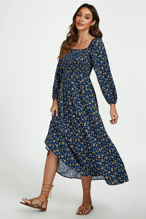 FS Collection Floral Print Square Neck Maxi Dress In Dark Blue