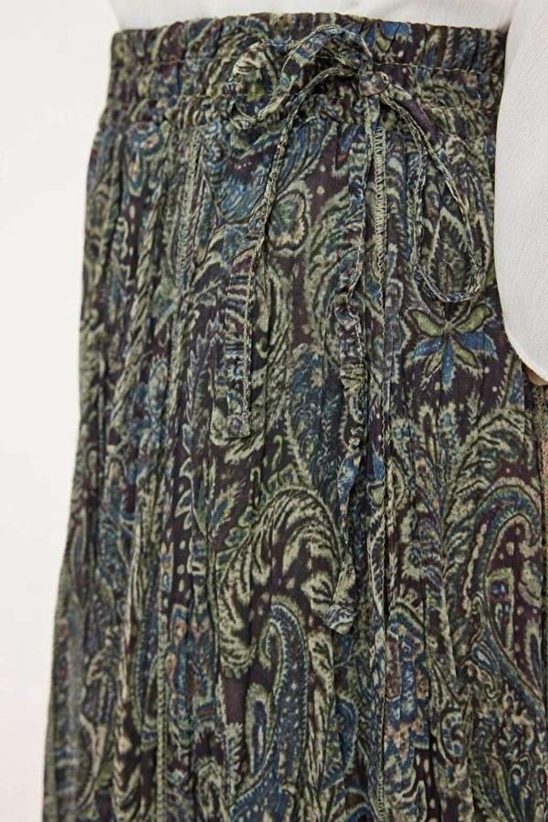 WOVCOR Chiffon Pleated Lined Ethnic Pattern Maxi Skirt