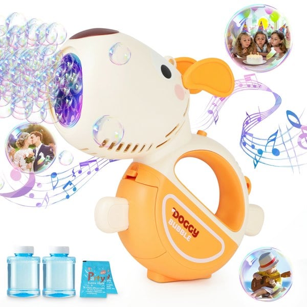 deAO Toys Animal-Themed Bubble Machine for Kids – Portable Bubble Gun with Lights & Music, Includes 2 Bottles of Bubble Solution