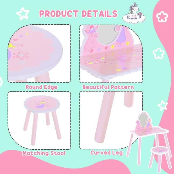 Pink kids dressing table set details: oval mirror, round edge tabletop, matching stool