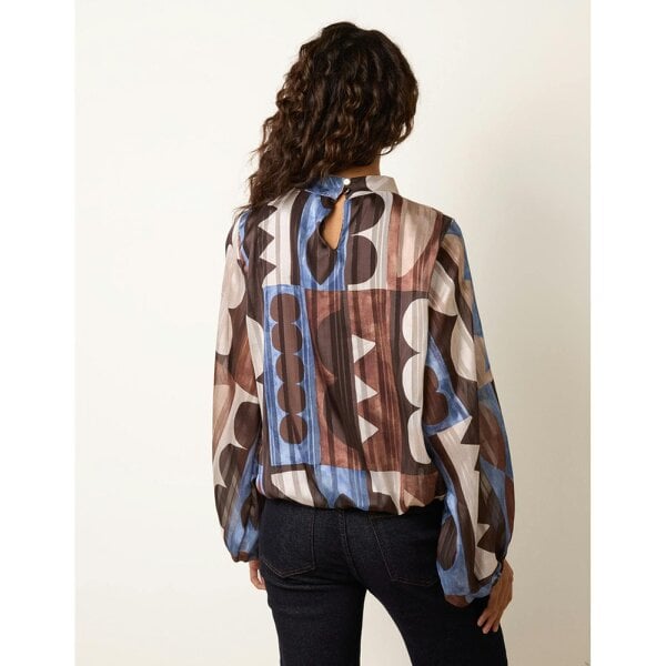 Blue Vanilla Geometric Print Scoop Neck Long Sleeve Blouse