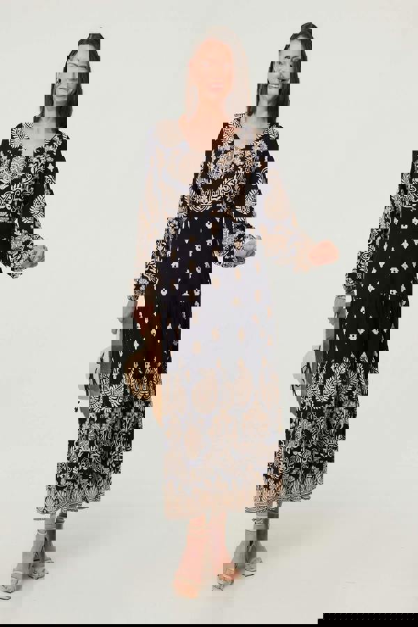 Navy | Paisley Print Long Sleeve Midi Dress