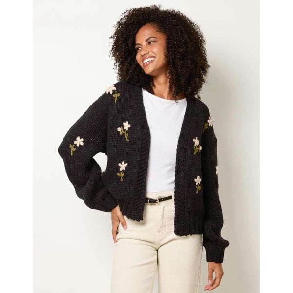 Blue Vanilla Flower Embroidery Detailed Cardigan - Black