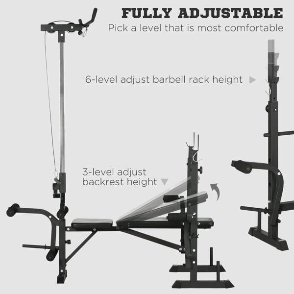 Fully adjustable weight bench with rack height settings and incline bench backrest