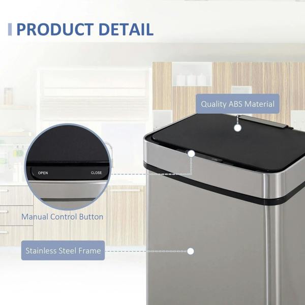 Stainless steel recycling bin with manual control button and removable black lid